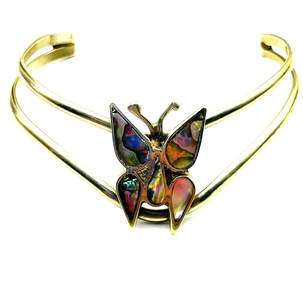 Gold Tone Open Cuff Bracelet Multicolor Enamel Butterfly Statement Jewelry